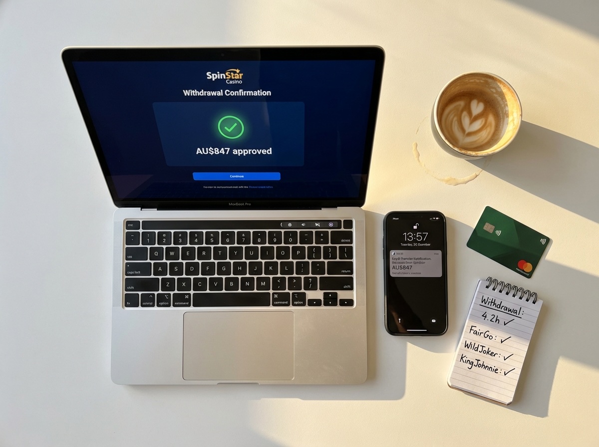 Casino audit team testing online pokies withdrawals — real AU$847 payout confirmed on MacBook Pro