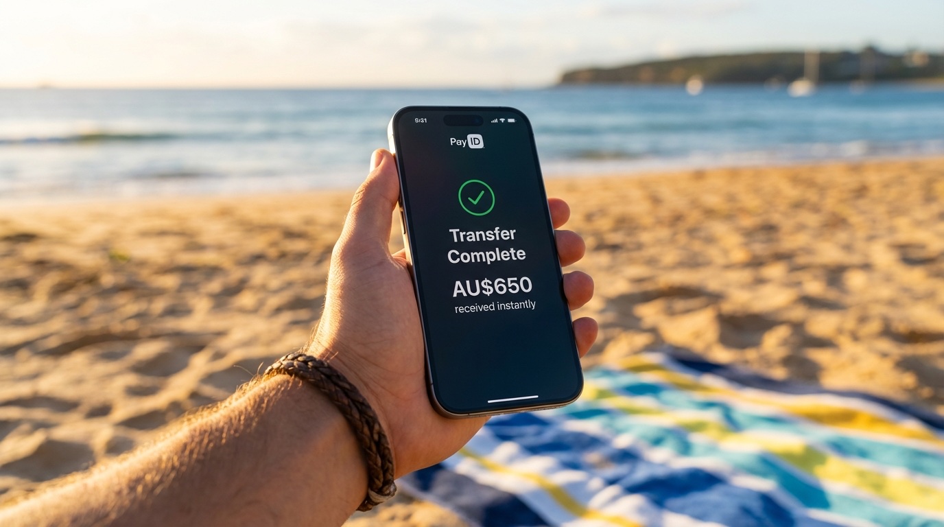 Australian player receiving AU$650 PayID casino payout instantly on the beach